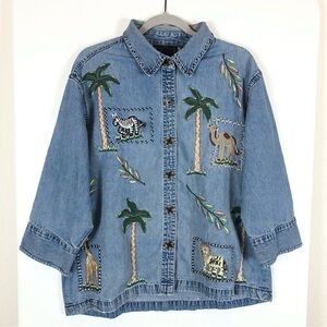 Life Style Woman Embroidered Denim Jacket Women 3X Blue Zoo Animals Trees Collar